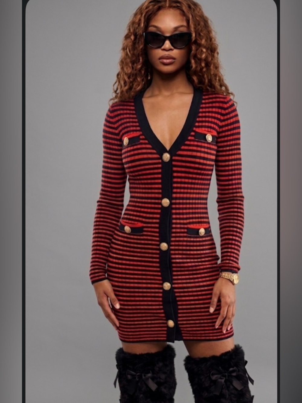 Red and Black Striped V-Neck Button Front Dress